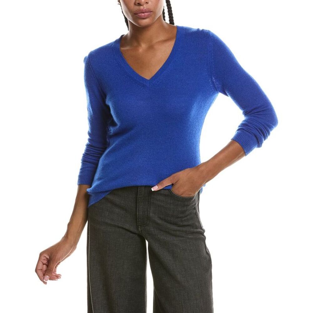 Forte Cashmere Womens Basic V-Neck 100% Cashmere Pullover, Blue